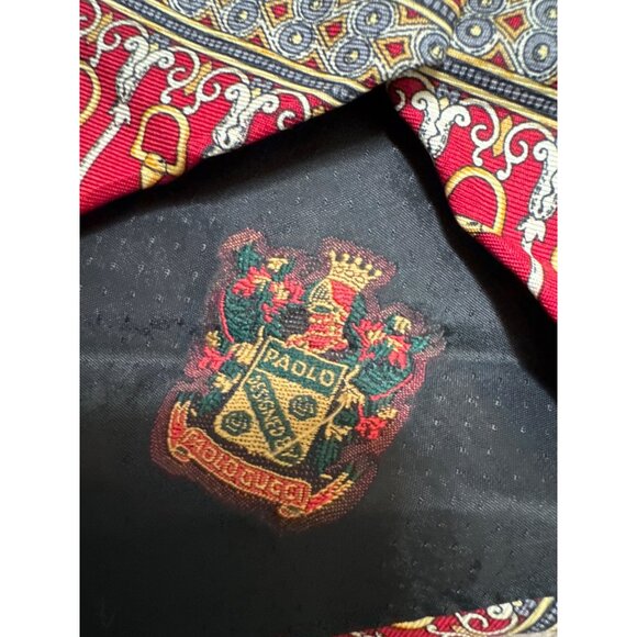 Vintage Paolo Gucci Red & Gold Equestrian Bridle Bit Print Silk Tie Made In Ital - Picture 2 of 7